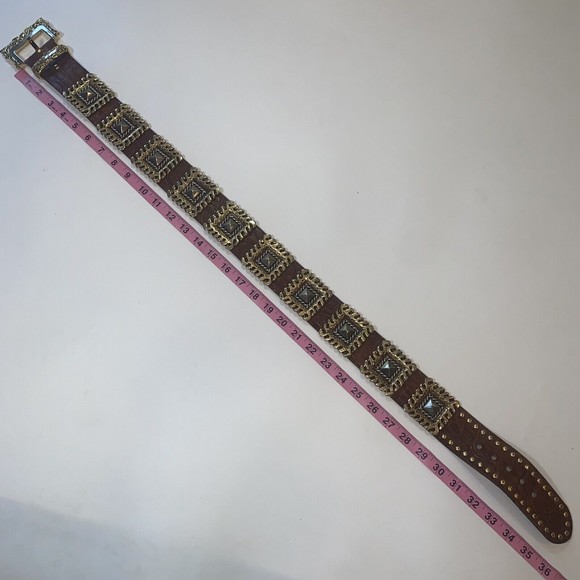 NANNI Italy Brown Leather Silver Gold Stud Belt Croc Boho Stud Size 85/34 - Picture 5 of 9